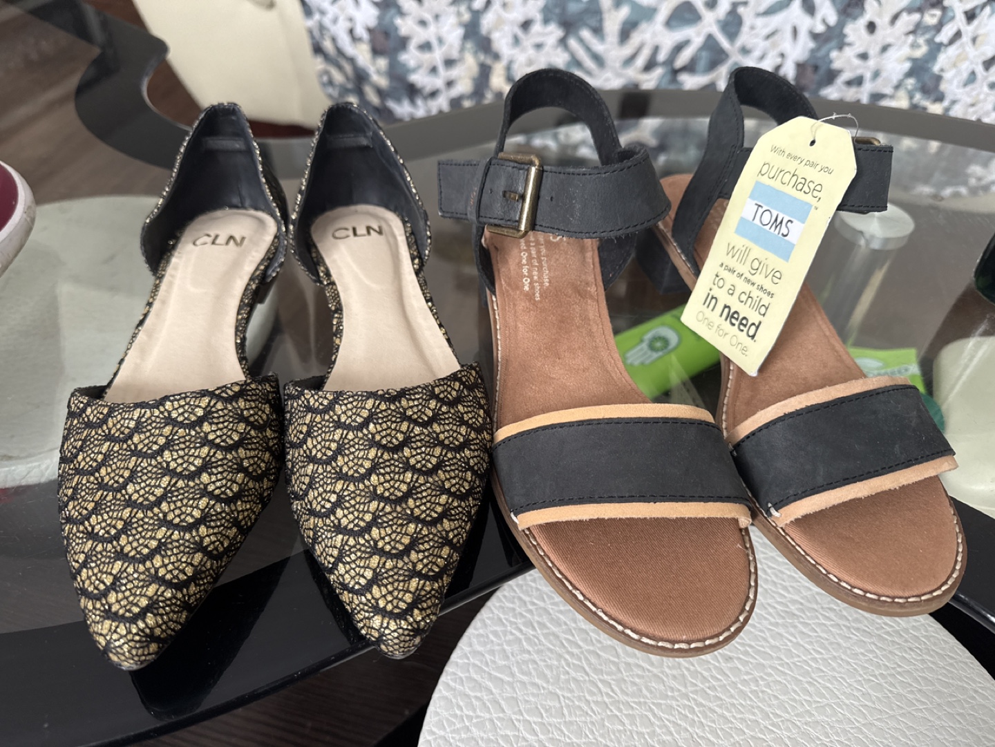Two pairs of women's shoes - CLN flats and TOMS sandals