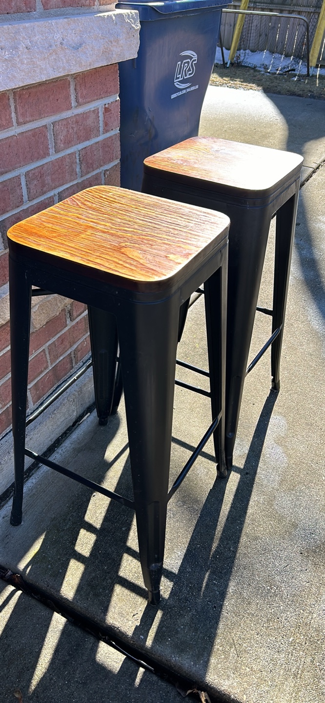 Pair of Black Metal Stools with Wood Seats - photo 2