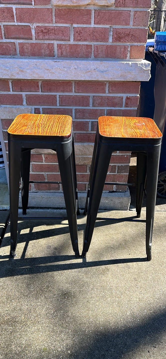 Pair of Black Metal Stools with Wood Seats