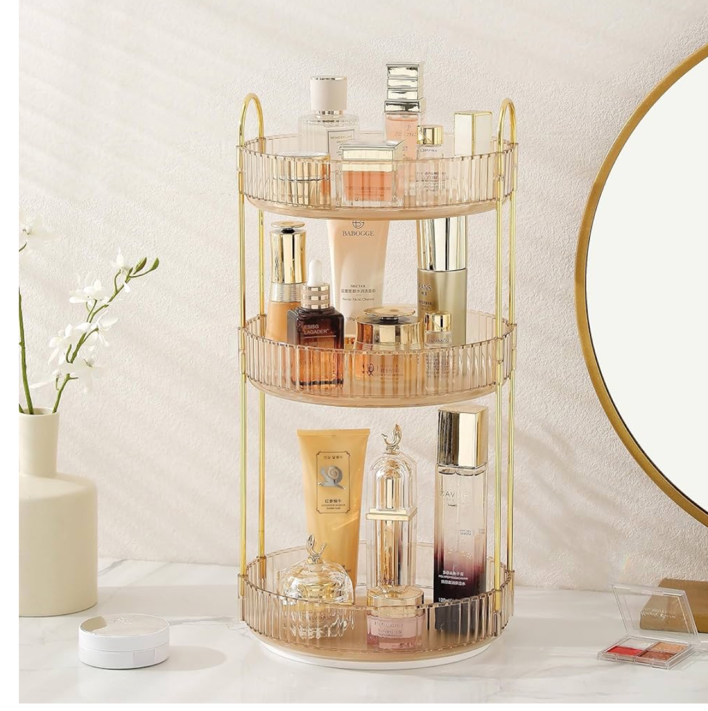 3-Tier Rotating Makeup Organizer - Amber Gold