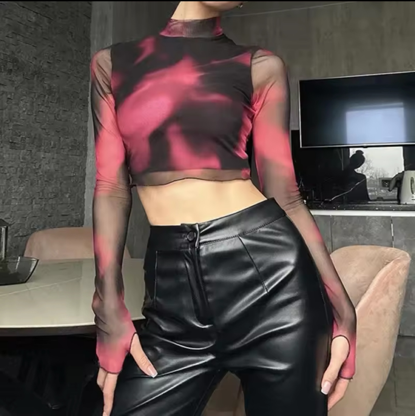 Pink and Black Mesh Crop Top - photo 2