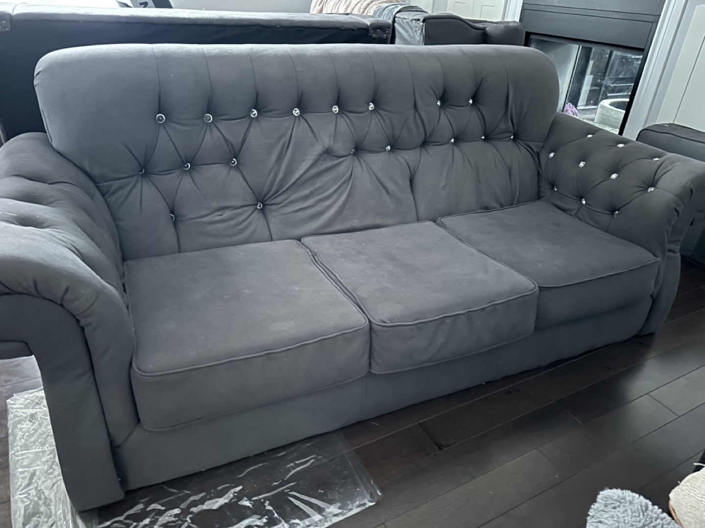 Black Tufted 3-Seater Sofa with Crystal Accents