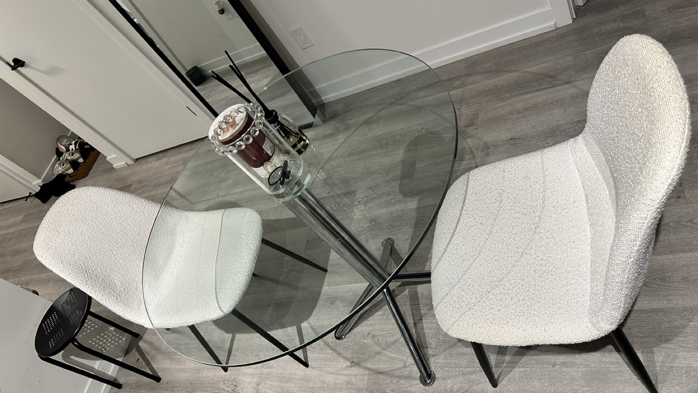 Glass Dining Table Set with Two Bouclé Chairs