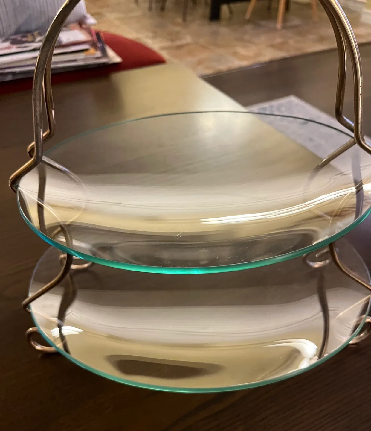 Two-Tiered Glass Serving Stand with Metal Frame image indicator(6)