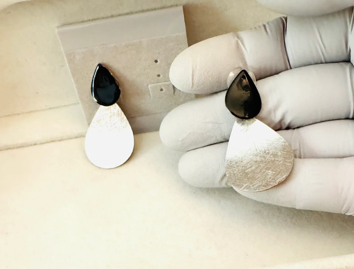 Teardrop Earrings, Silver Plated, w Onyx Enameling image indicator(3)