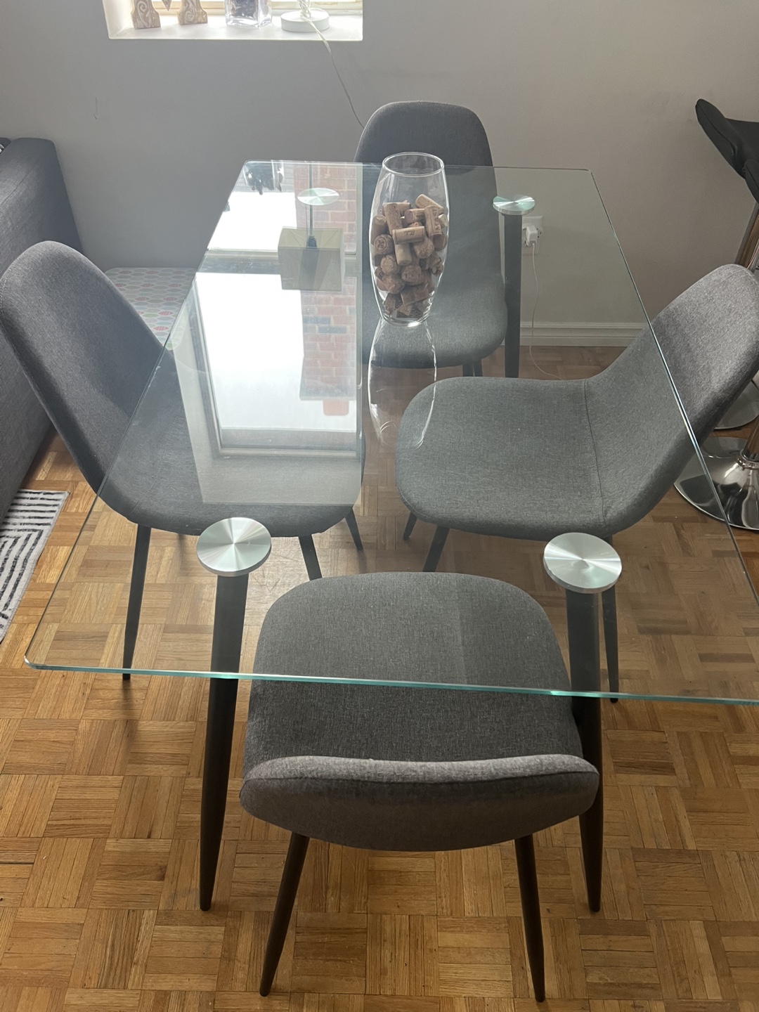 Glass Dining Table Set with Four Grey Chairs