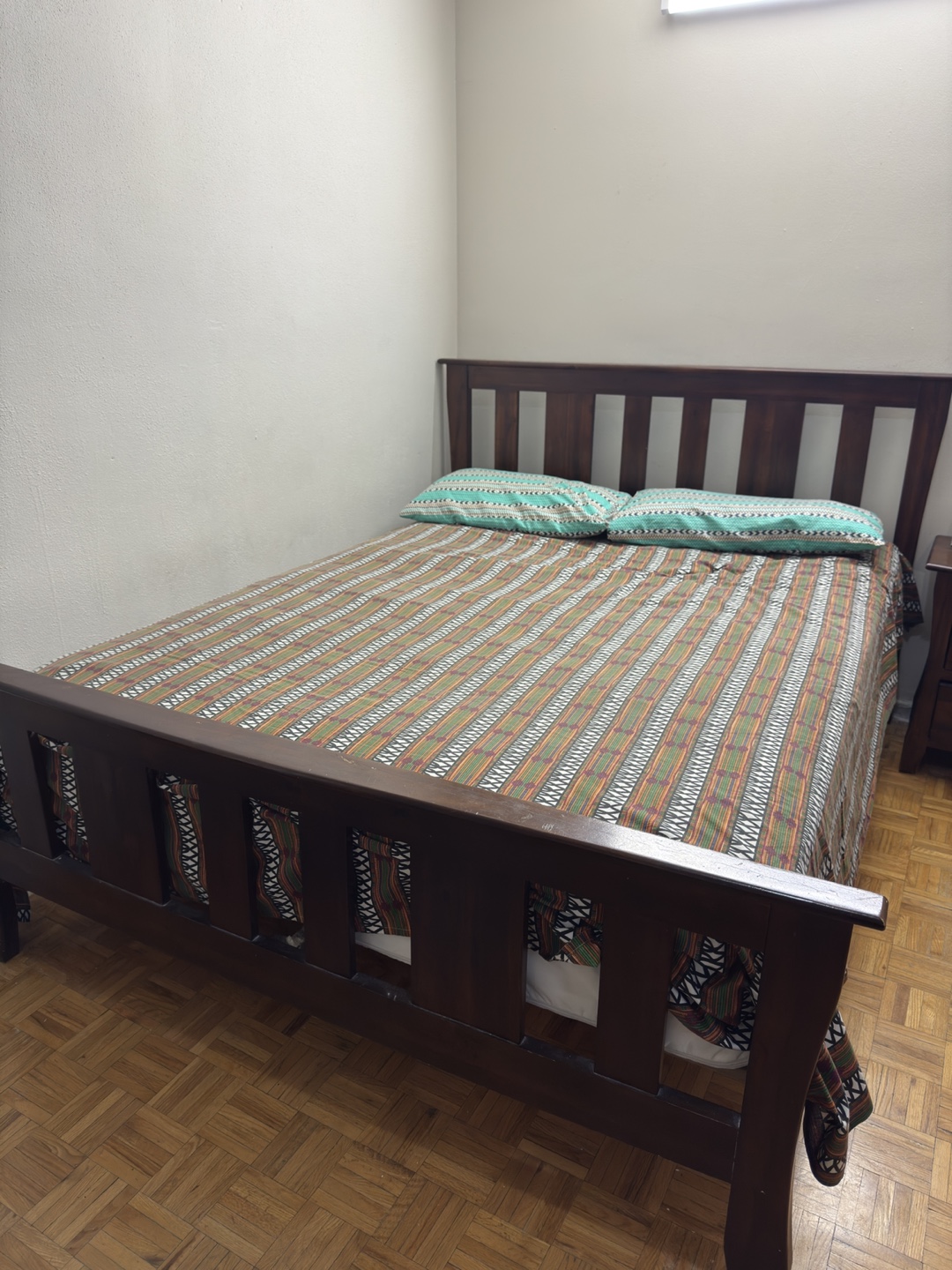 Queen Size Dark Brown Wooden Bed frame & Nightstand