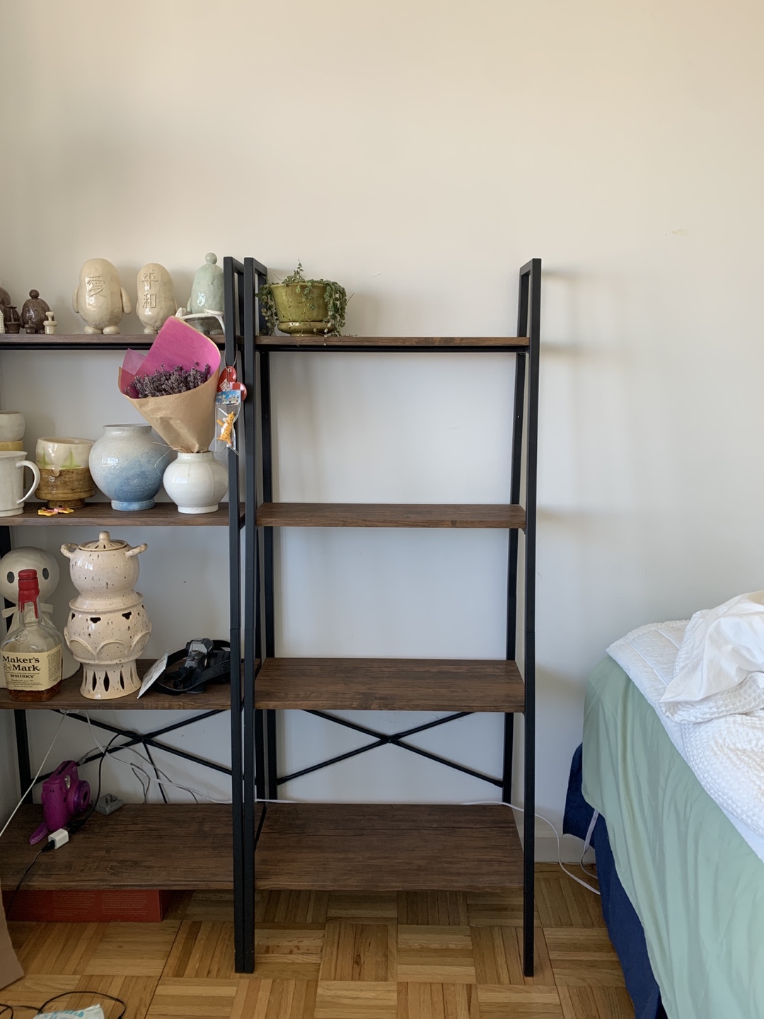 Pair of 4-Tier Wooden Shelves with Black Metal Frame