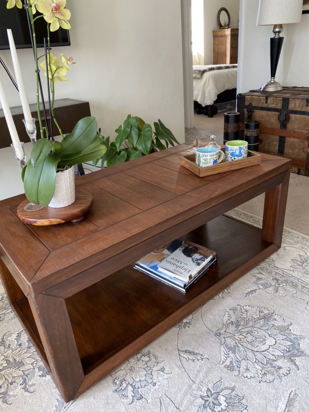 Dark walnut Wood Coffee Table with Shelf