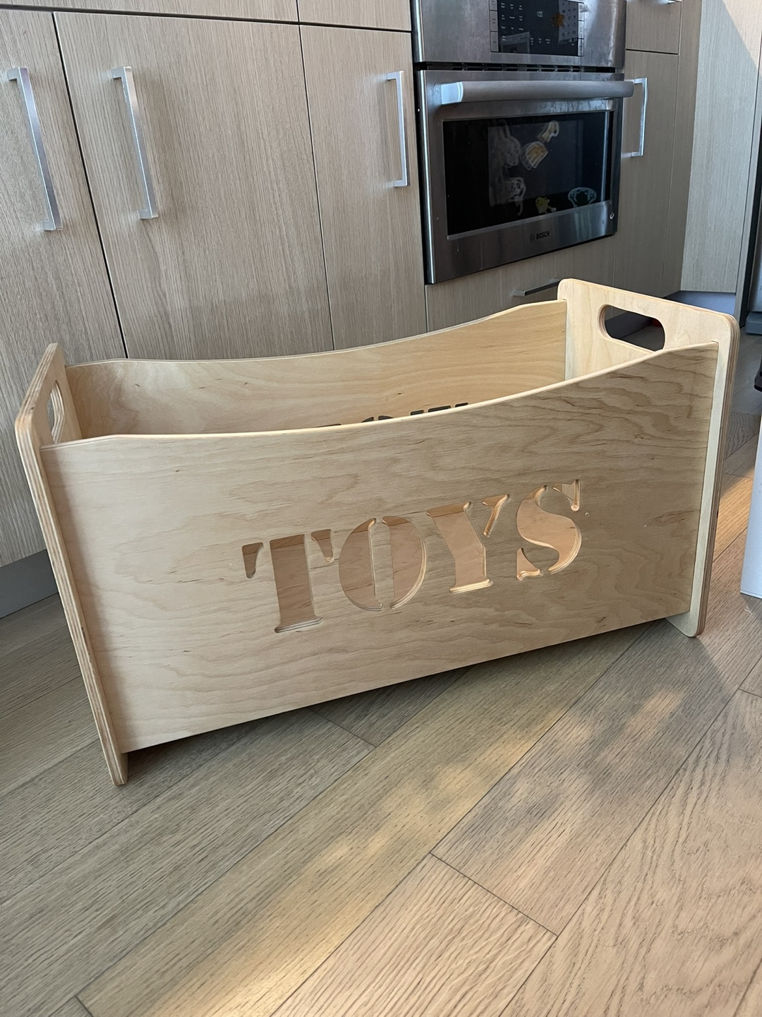 Wooden Toy Storage Box with Cutout "Toys" Design