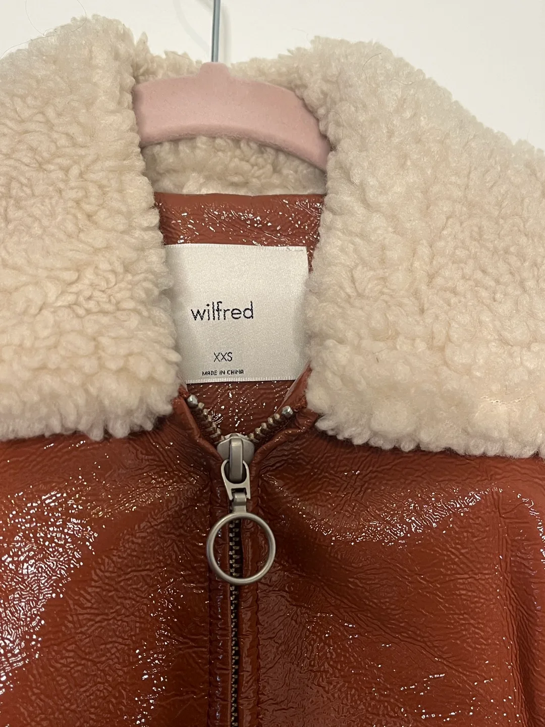 Wilfred Brown Patent Leather Jacket with Sherpa Collar image indicator(3)