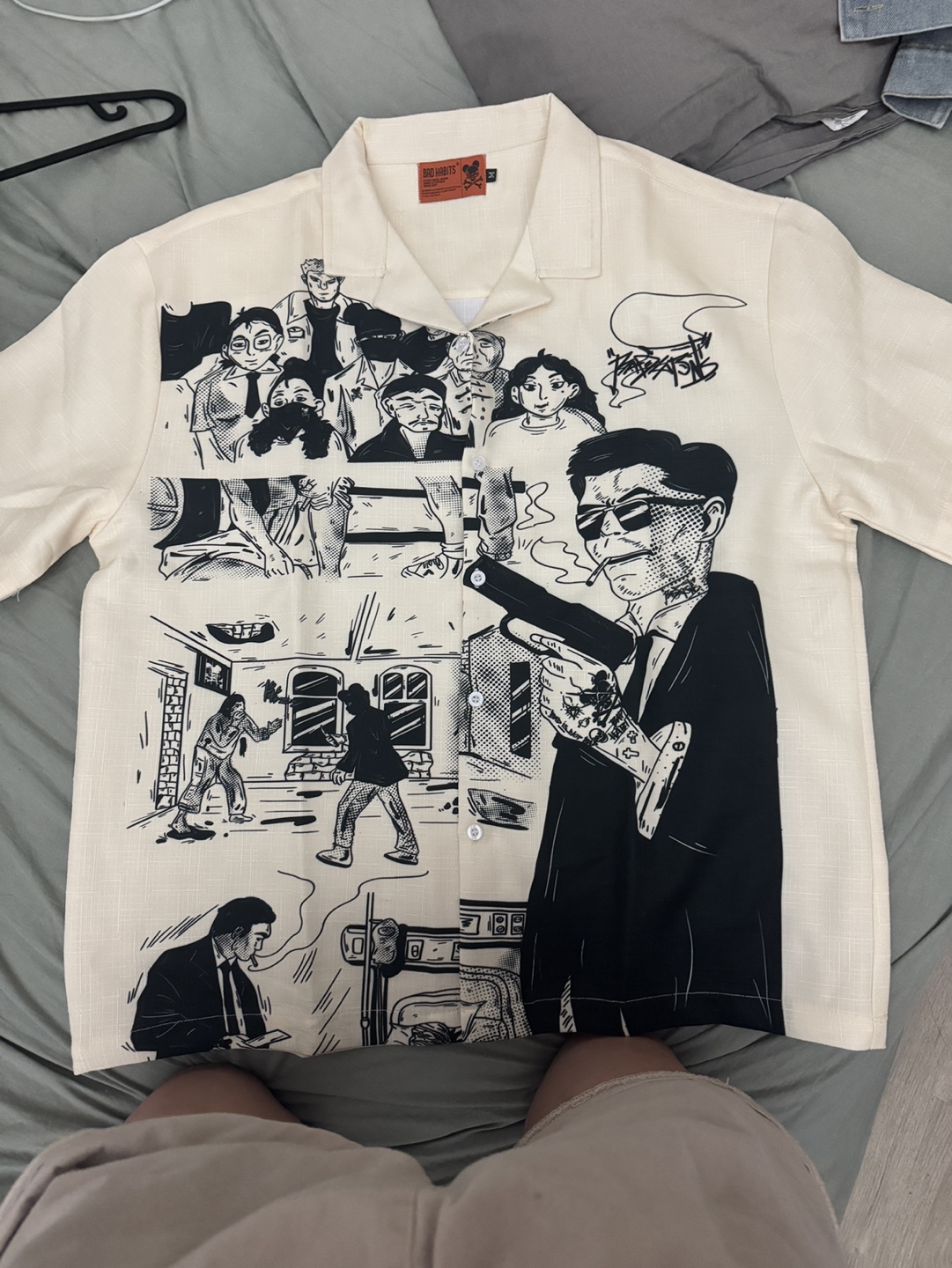 Bad Habits Comic Print Short Sleeve Button Up Shirt
