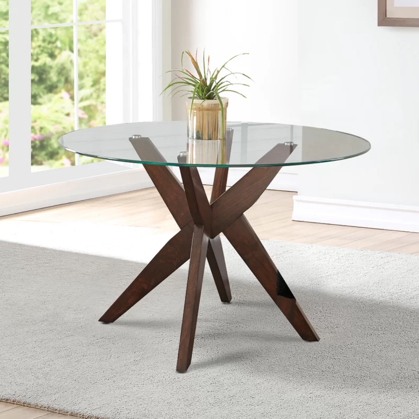 Round Glass Dining Table with Dark Brown Wooden Base