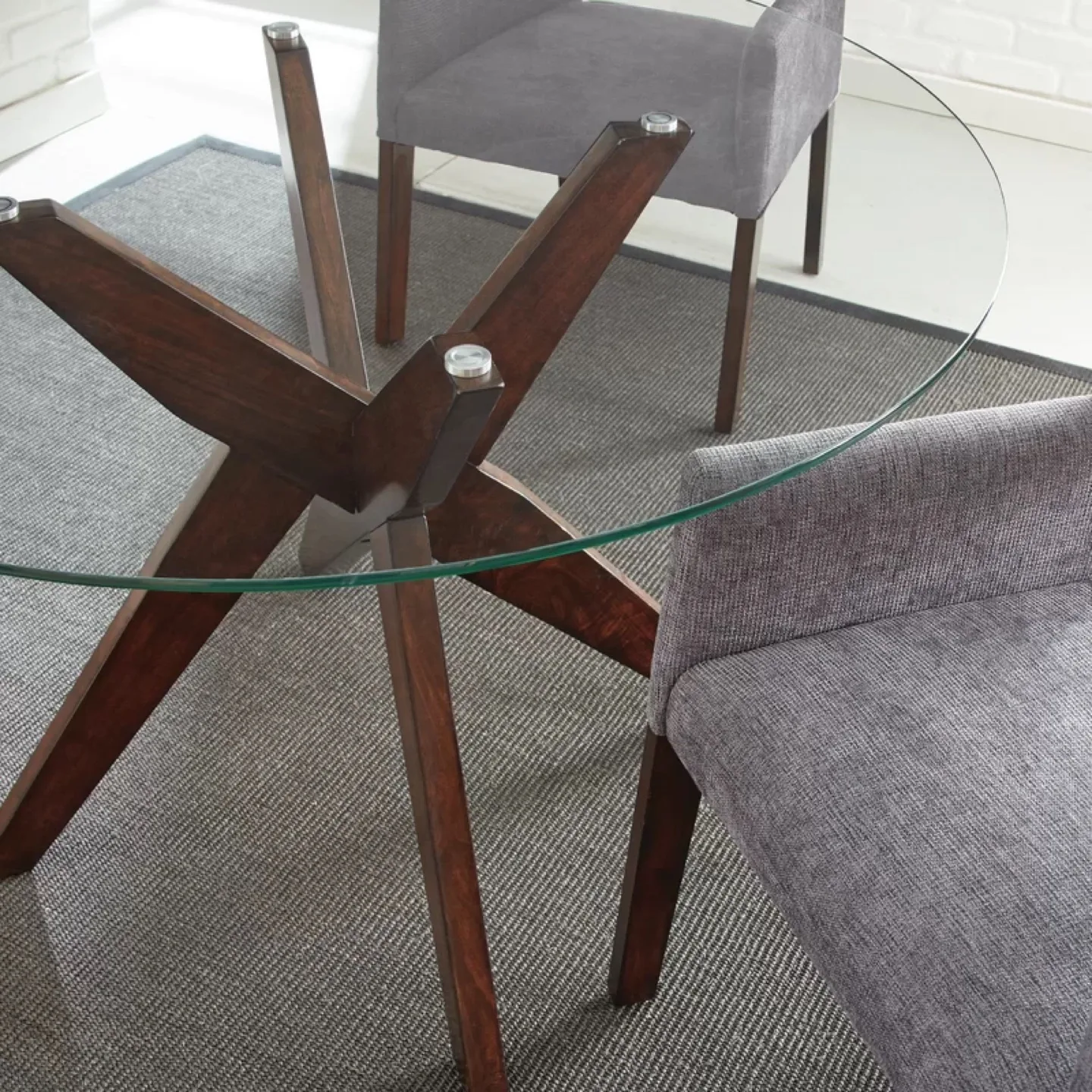 Round Glass Dining Table with Dark Brown Wooden Base image indicator(2)