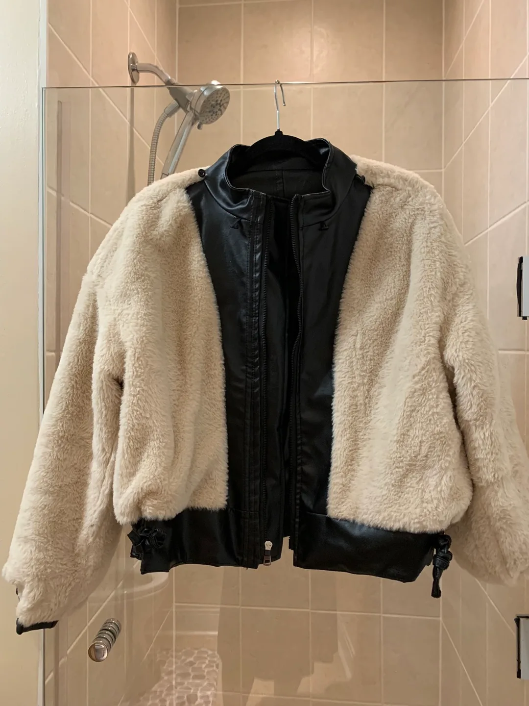 Black and Cream Faux Leather and Shearling Jacket image indicator(2)