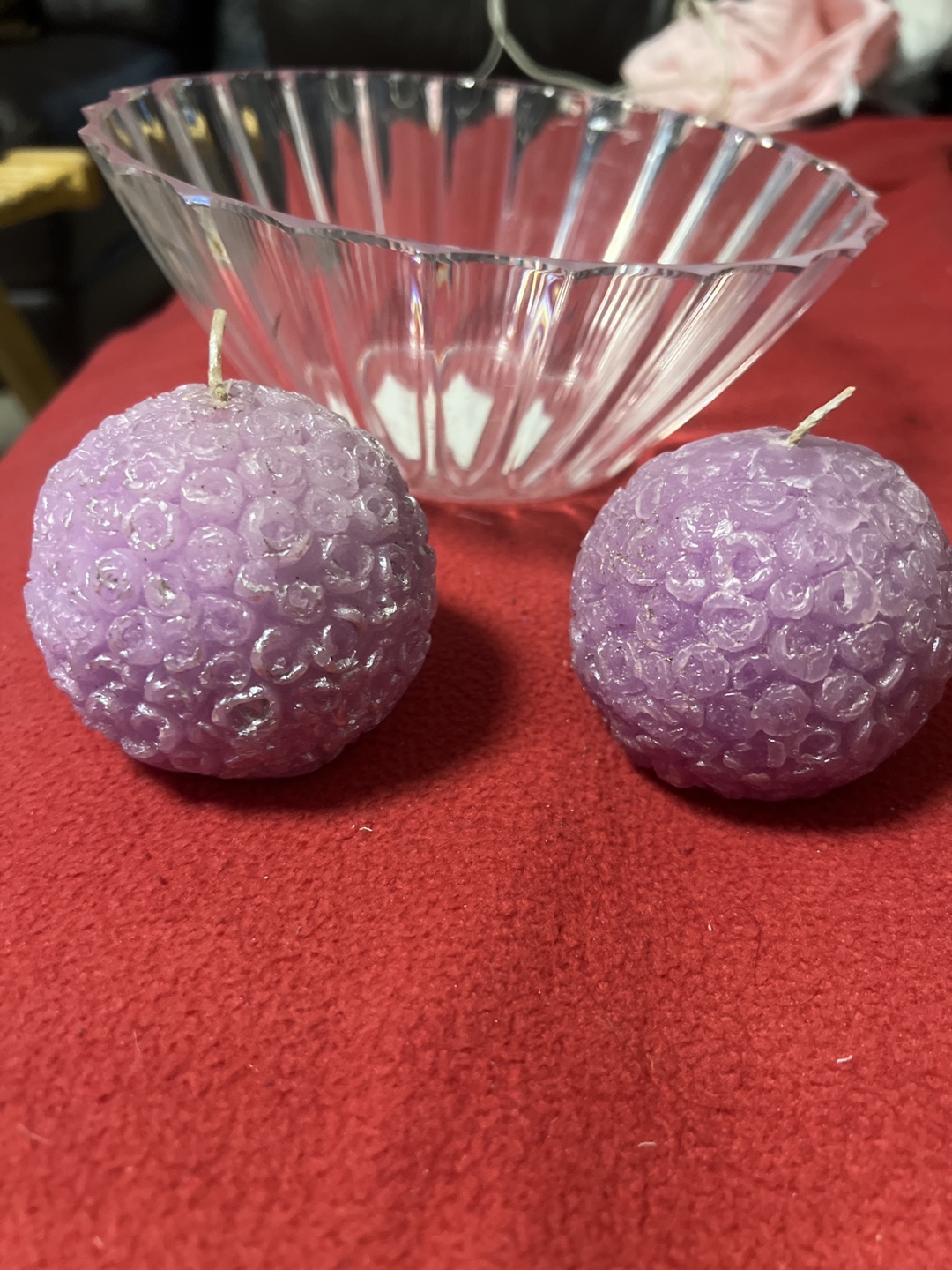 Two Purple Candles with Clear Glass Bowl
