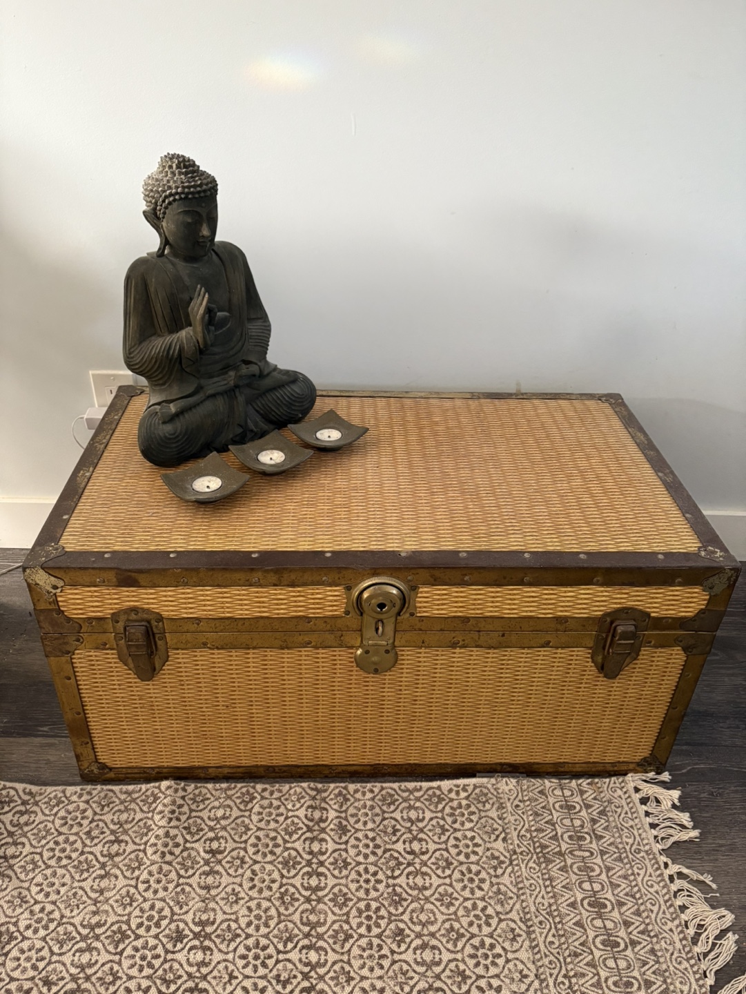 Vintage Wicker Storage Trunk with Brass Hardware