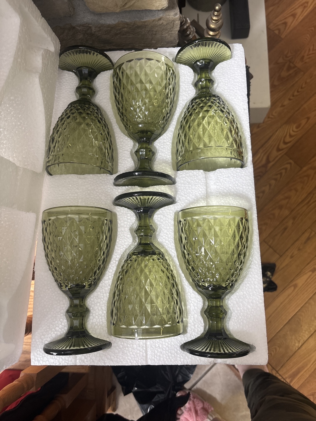 Set of six olive green goblets