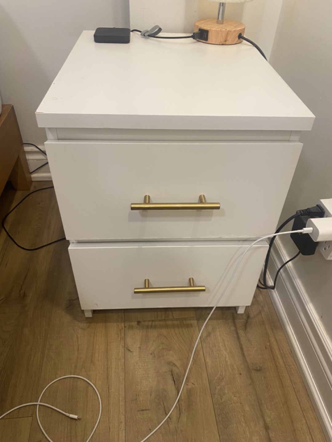 White Two-Drawer Nightstand with Gold Handles