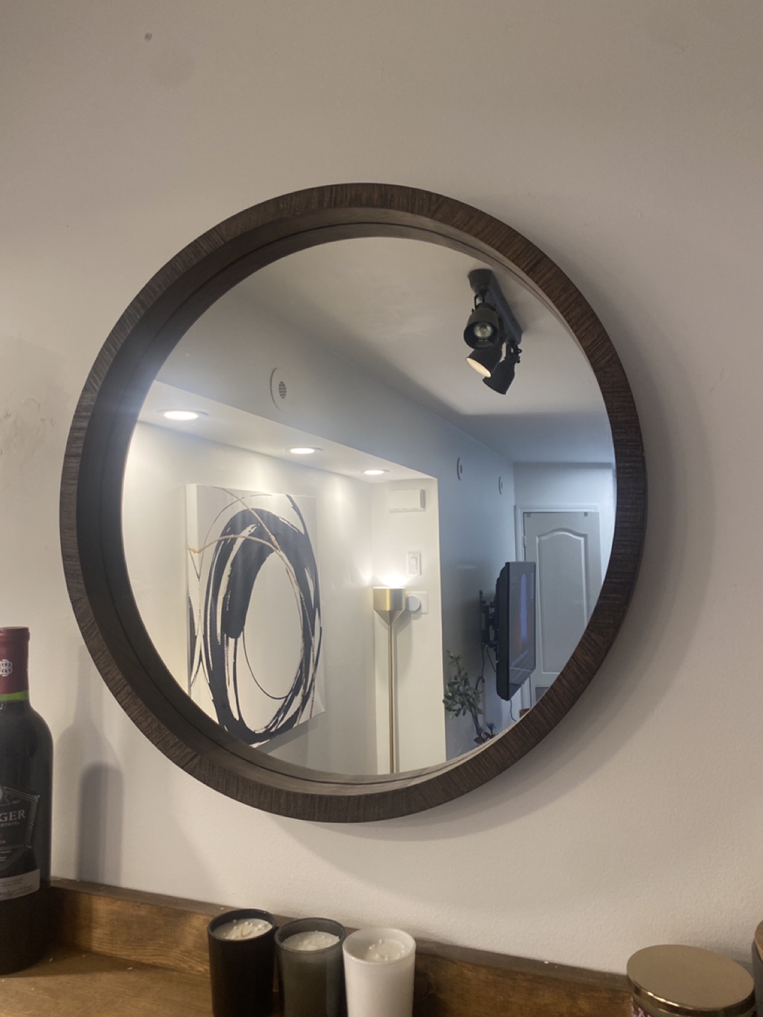 Round Wall Mirror with Dark Wood Frame
