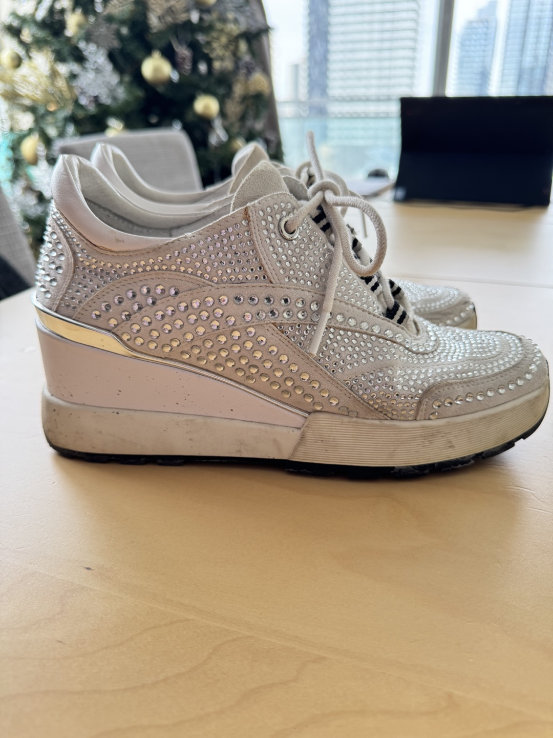 White Crystal Wedge Sneakers with heel