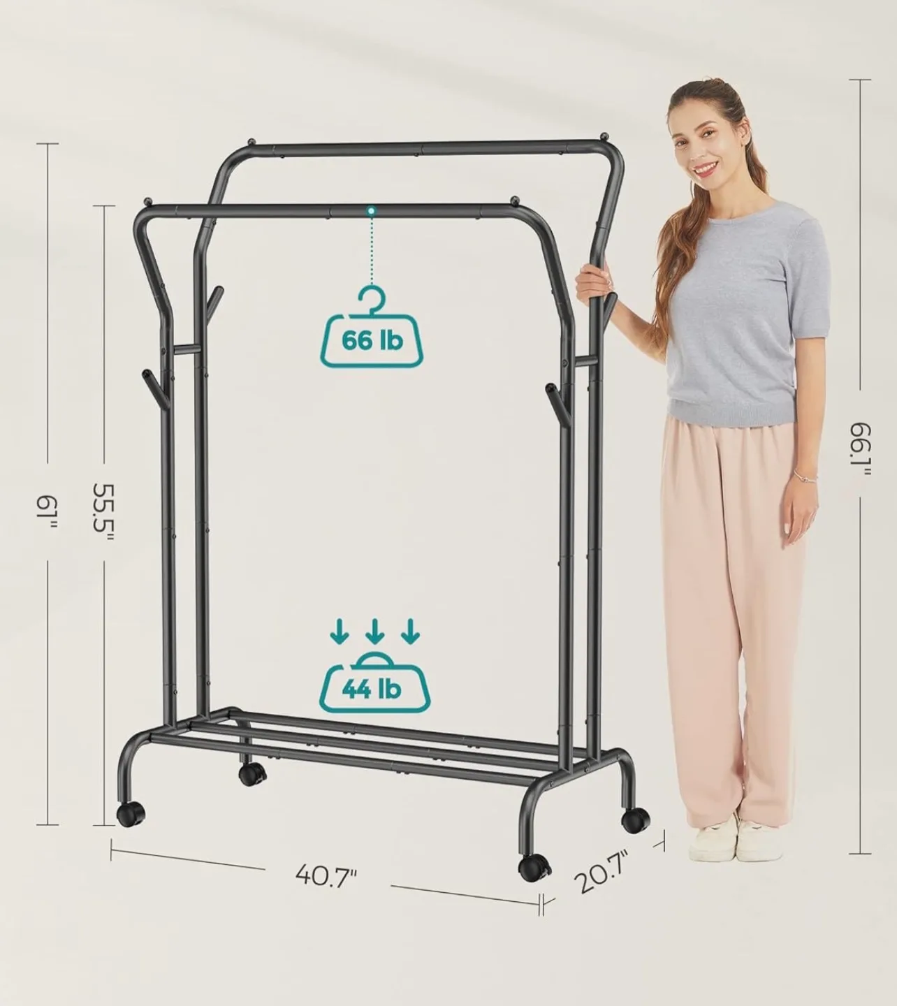 SONGMICS Double Garment Rack with Rolling Casters image indicator(5)