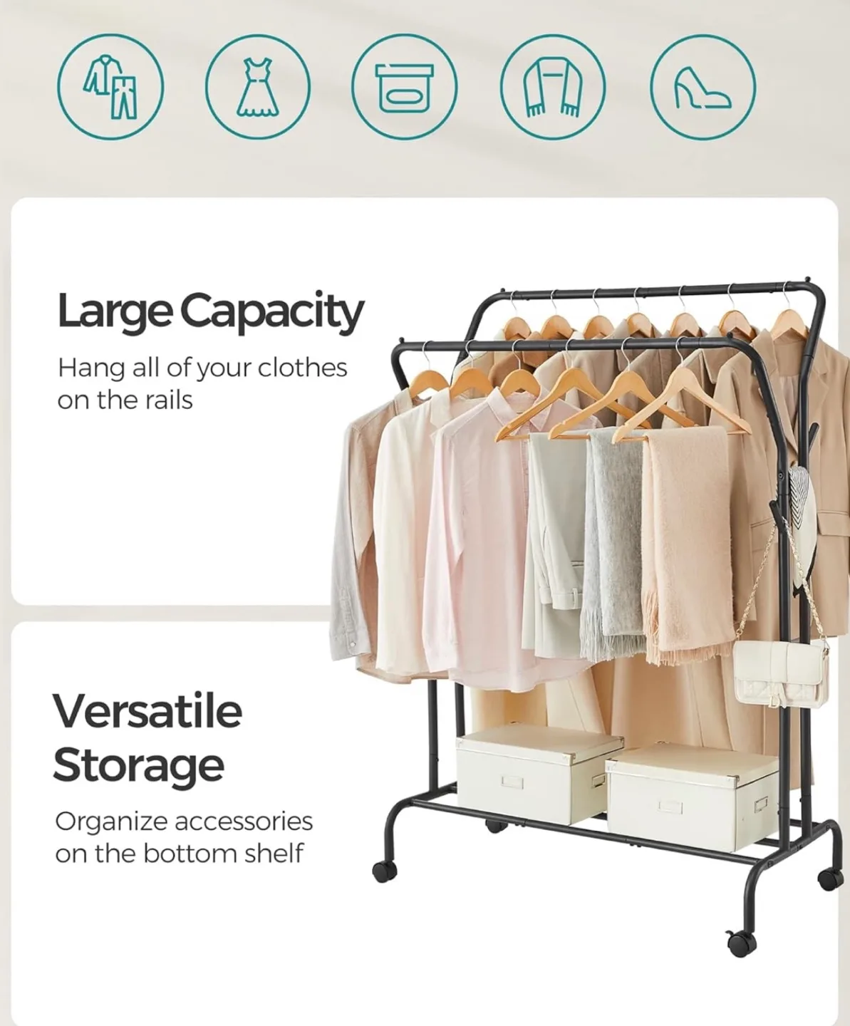 SONGMICS Double Garment Rack with Rolling Casters image indicator(3)