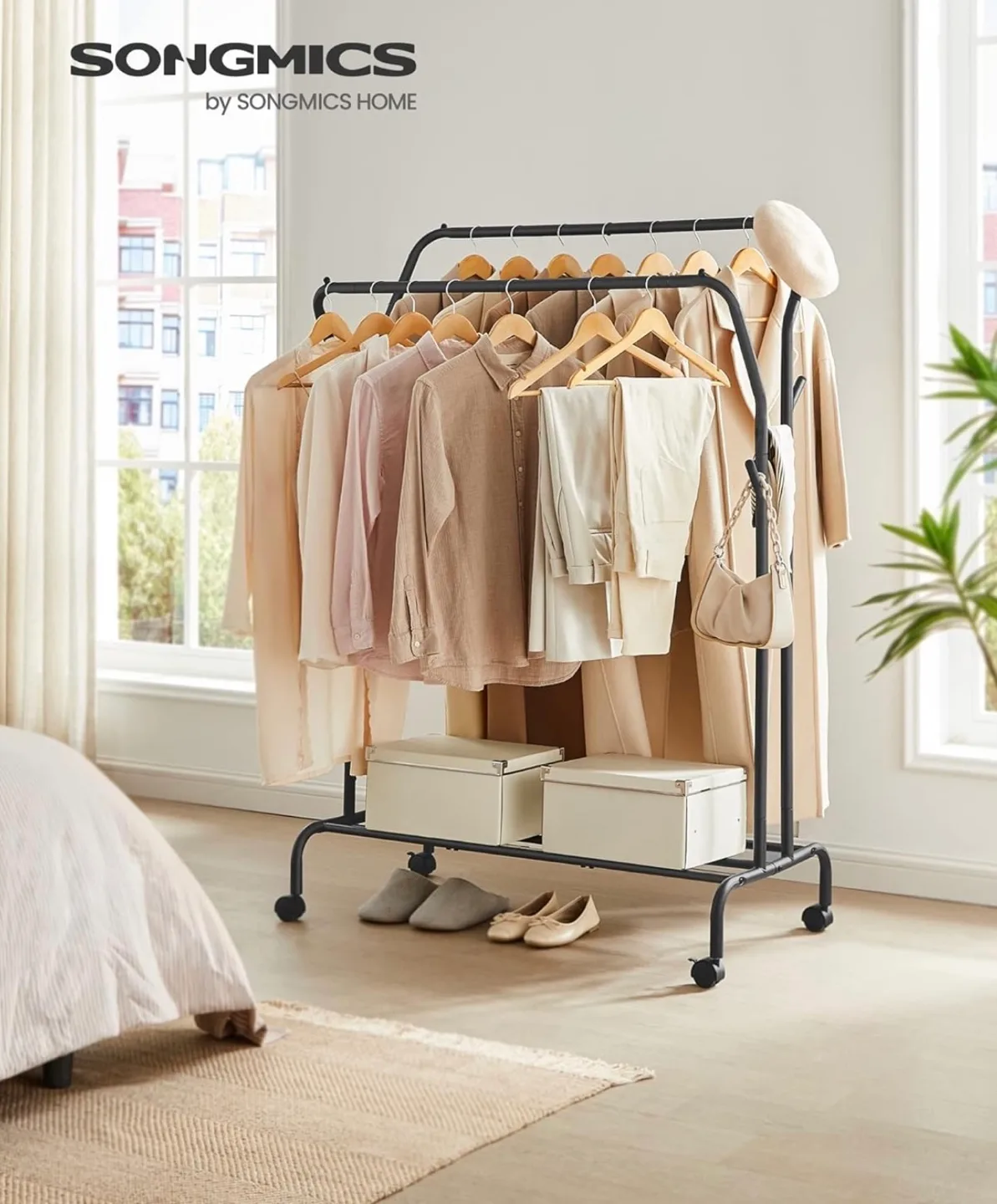 SONGMICS Double Garment Rack with Rolling Casters image indicator(2)