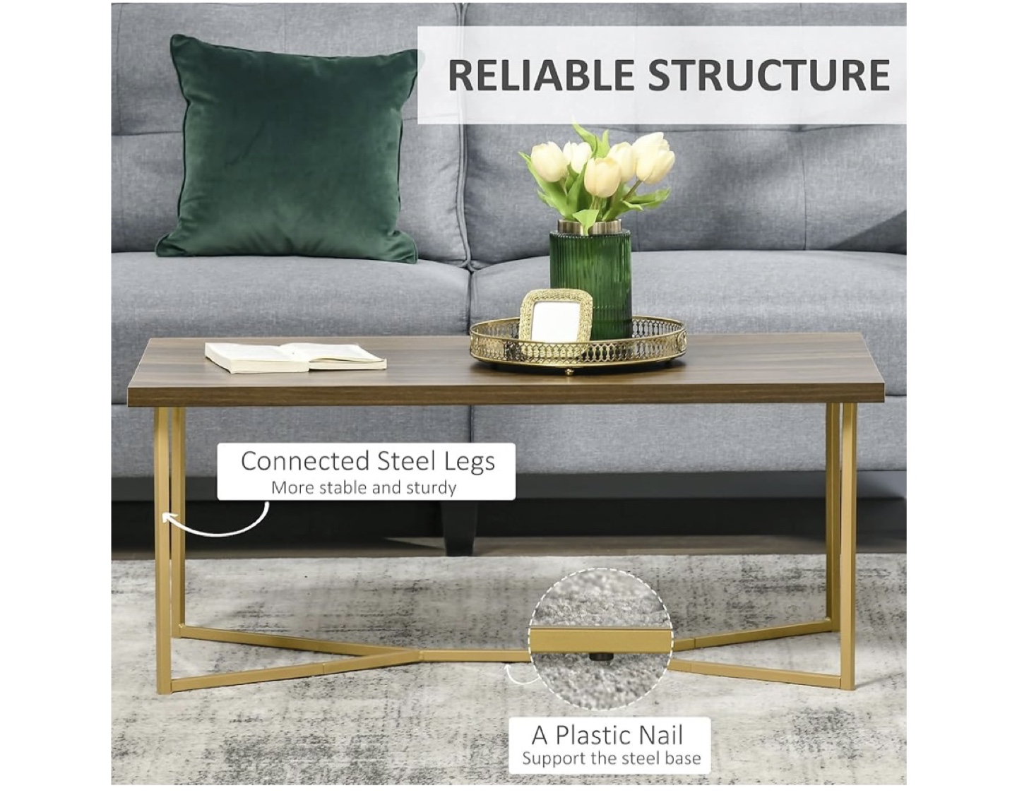 Mid-Century Modern Coffee Table - Gold Metal Legs & Walnut Top - photo 4