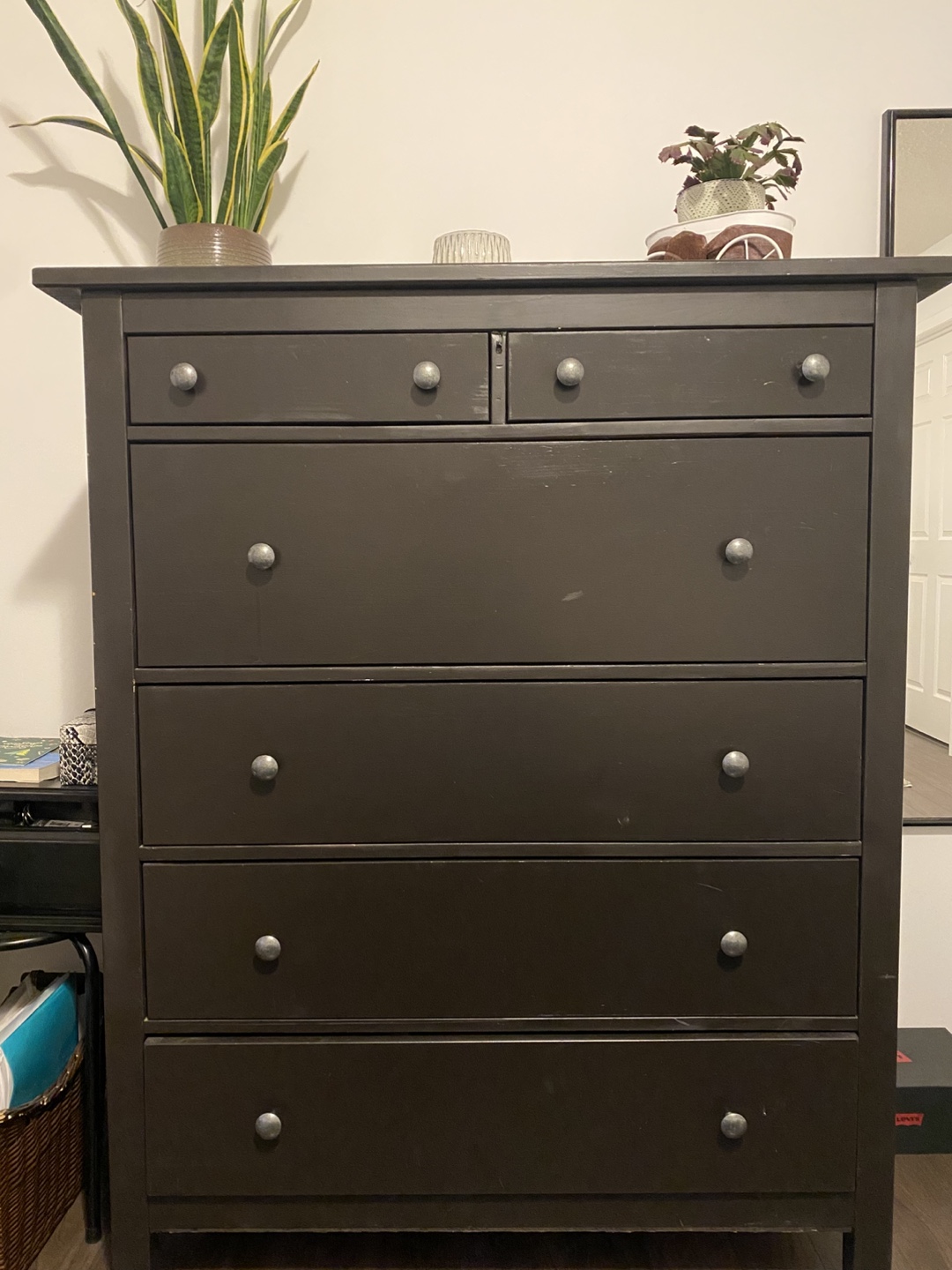Tall Dark Brown Wooden Chest of Drawers