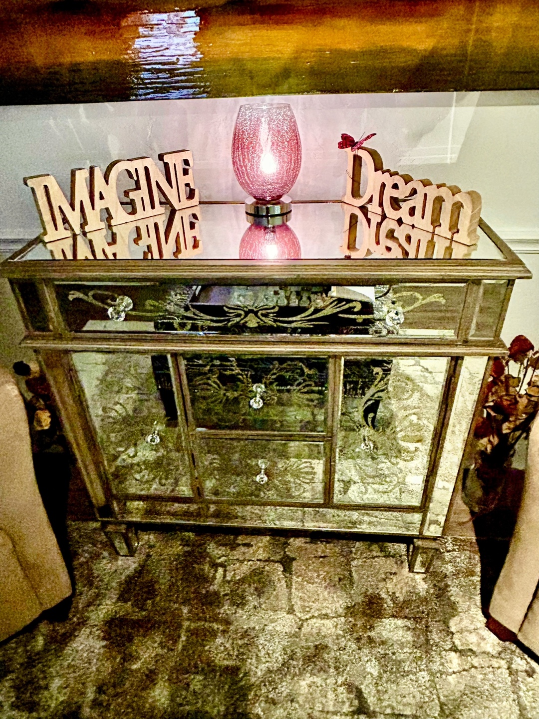 Glass Tall Table With Drawers & Etched Designs