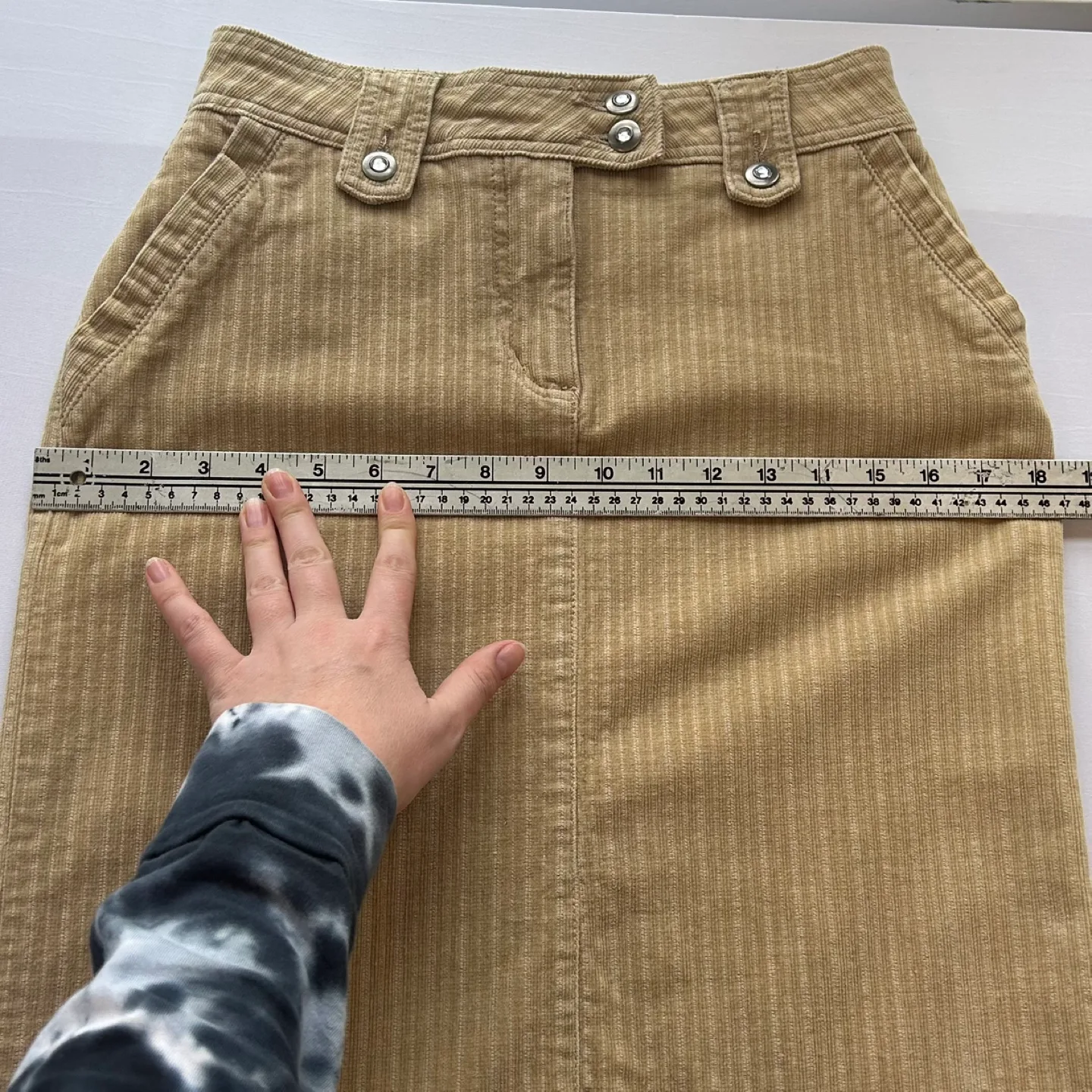 Sears Midi Length Corduroy Pencil Skirt Rhinestone Buttons Sz S image indicator(9)