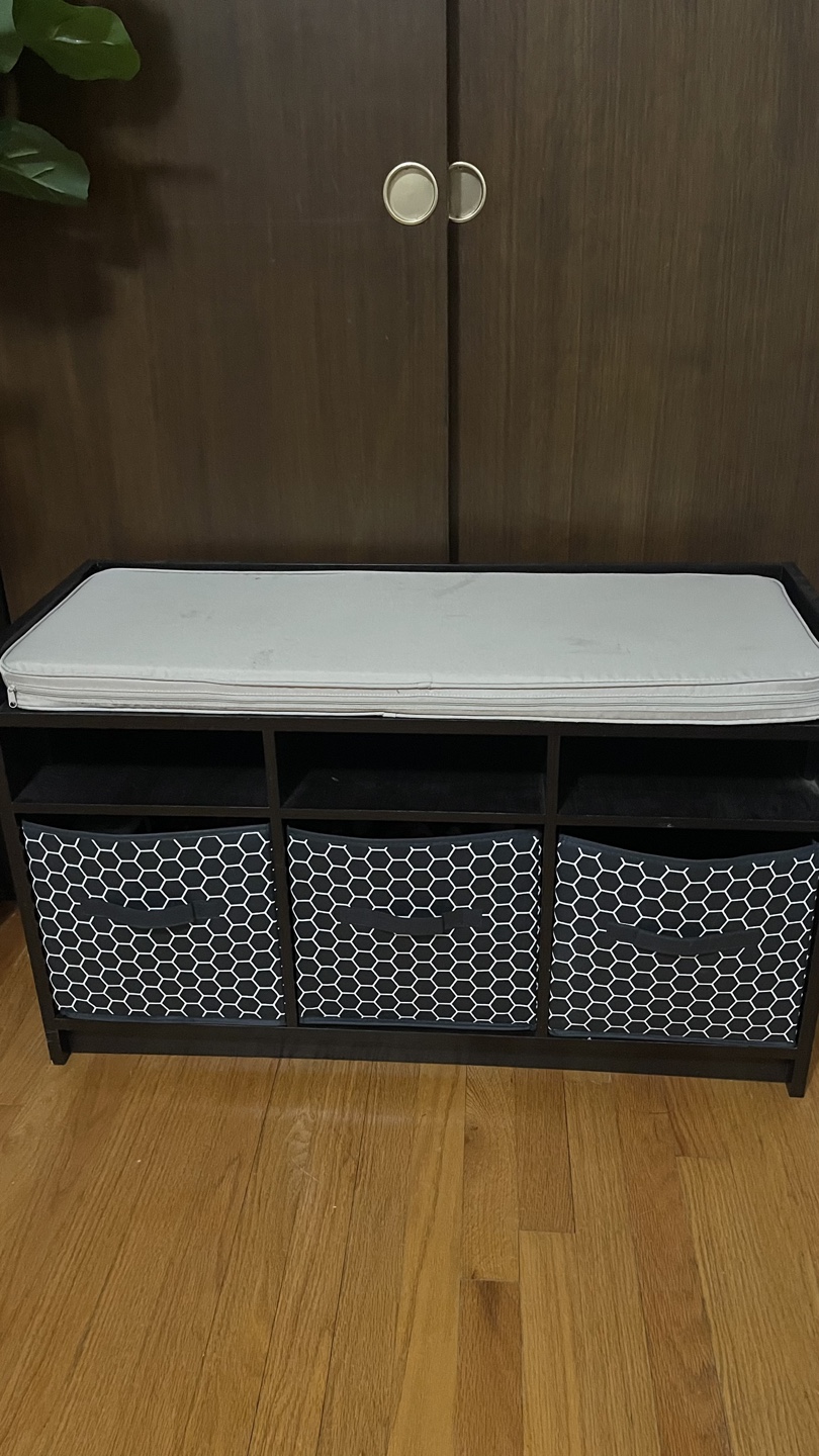 Black Storage Bench with Cushioned Seat and 3 Bins