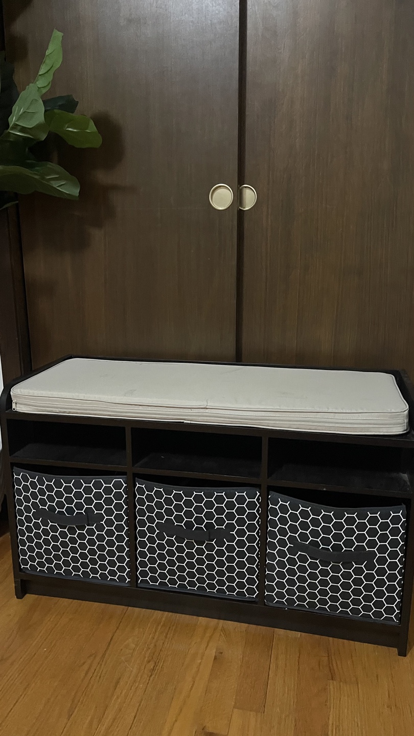 Black Storage Bench with Cushioned Seat and 3 Bins - photo 2