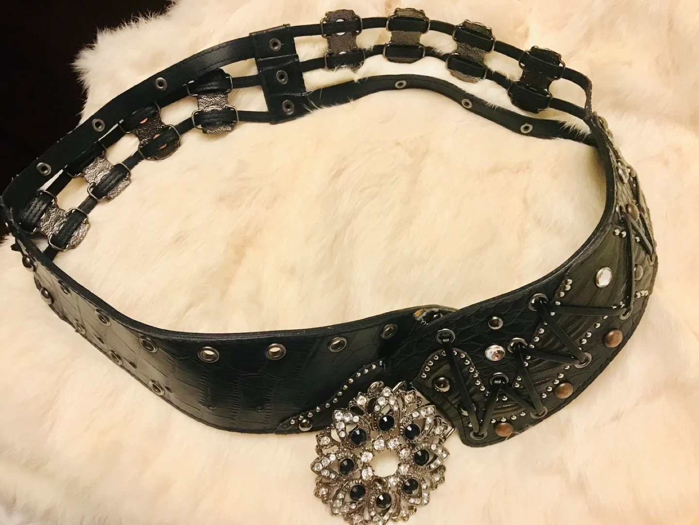 Unique Black Leather Rhinestone Belt image indicator(2)