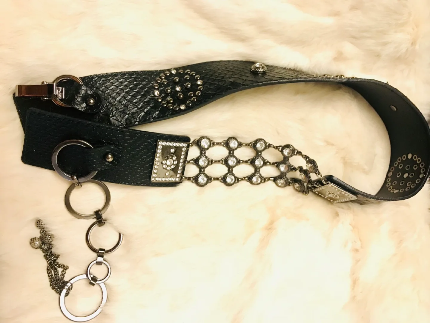 Black Leather Belt with Rhinestone Detail image indicator(4)