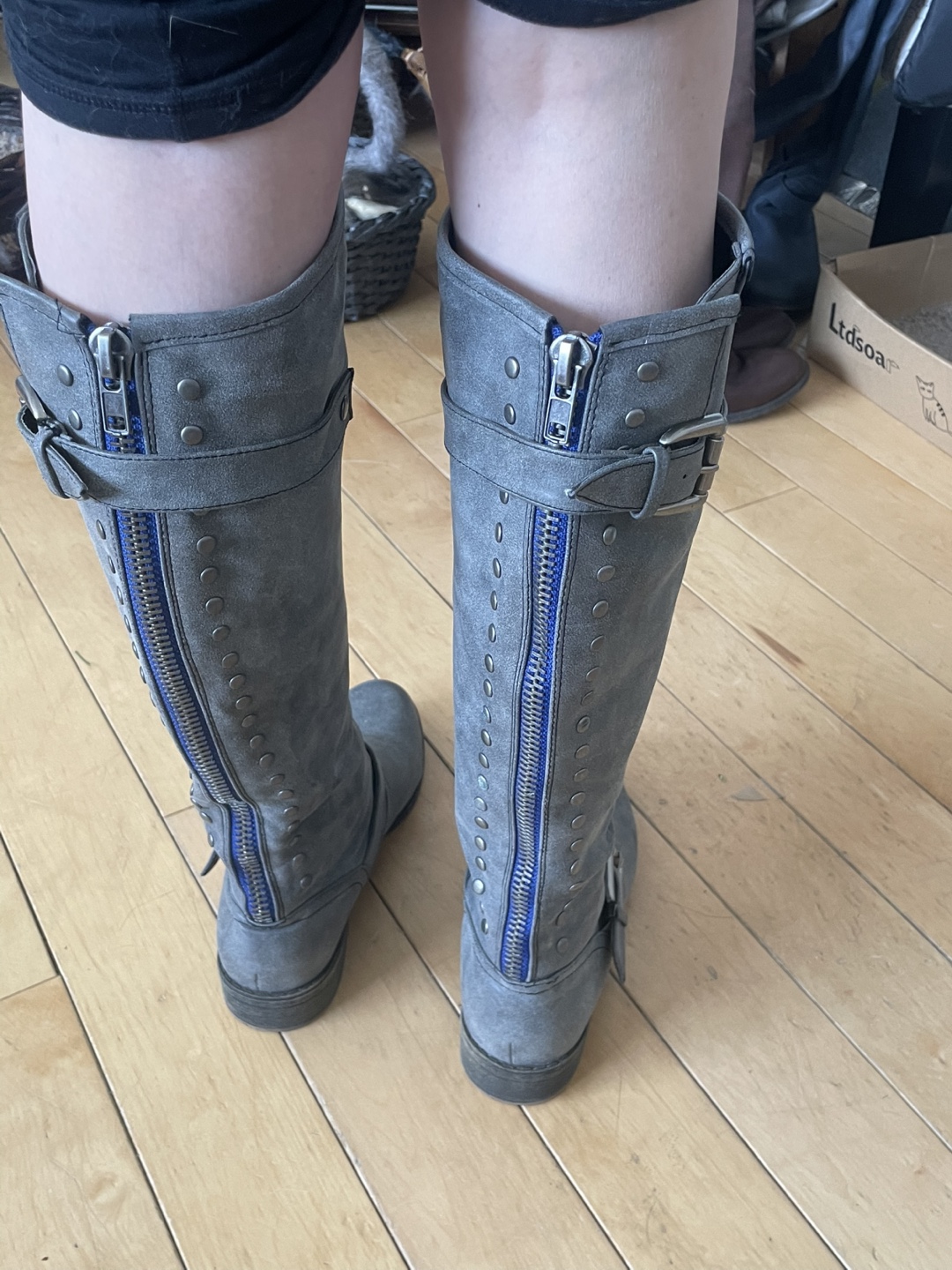 Grey Knee-High Boots with Side Zip