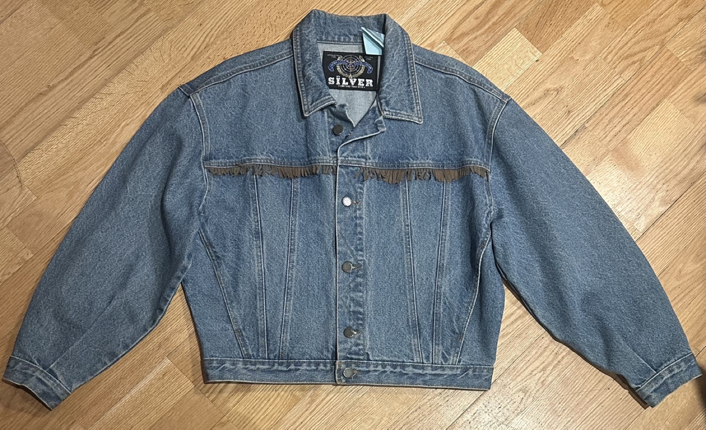 Vintage Silver Jeans Jacket with Fringe Detail - Size Medium