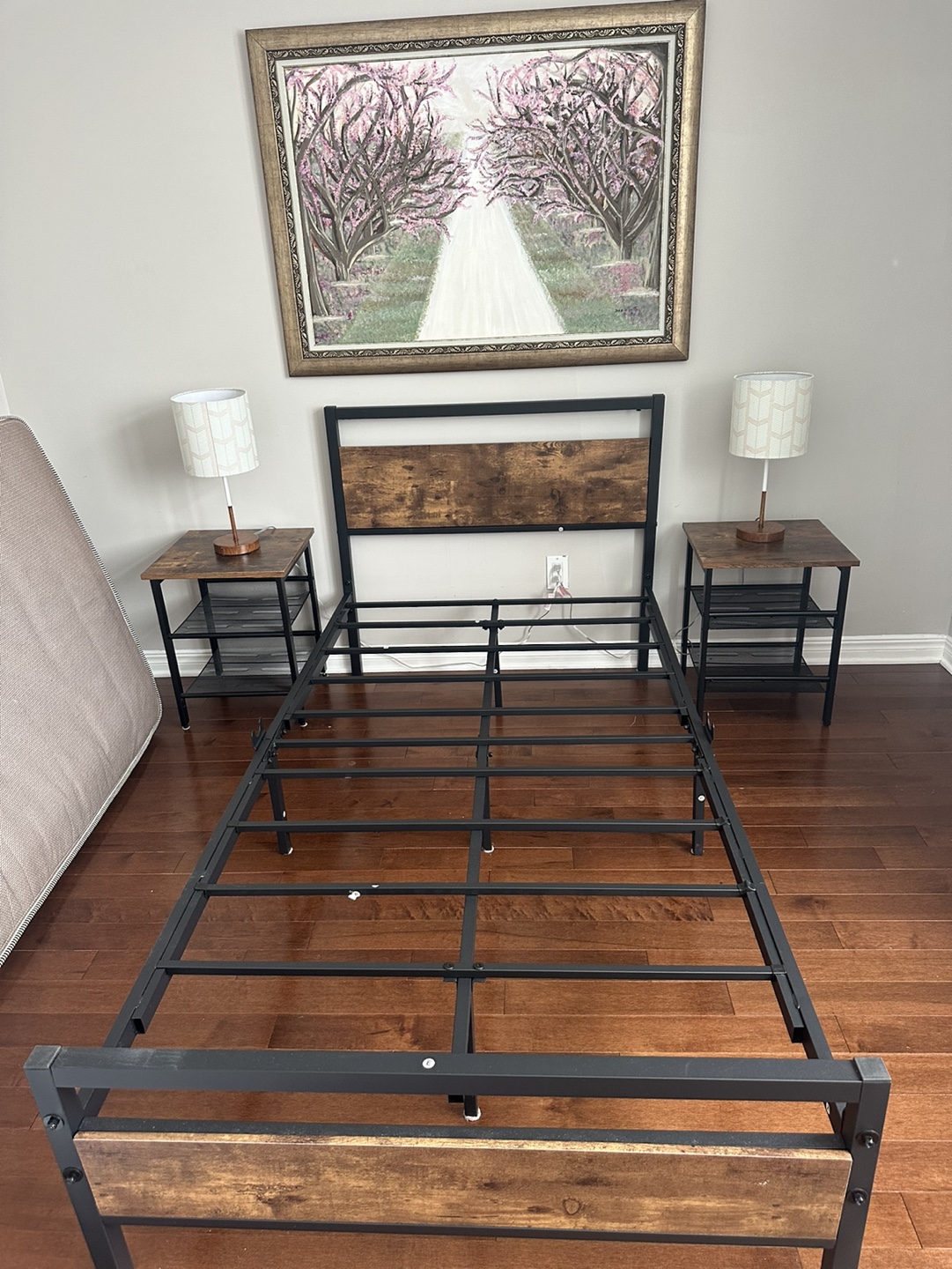Full Metal Bed Frame with Wooden Headboard