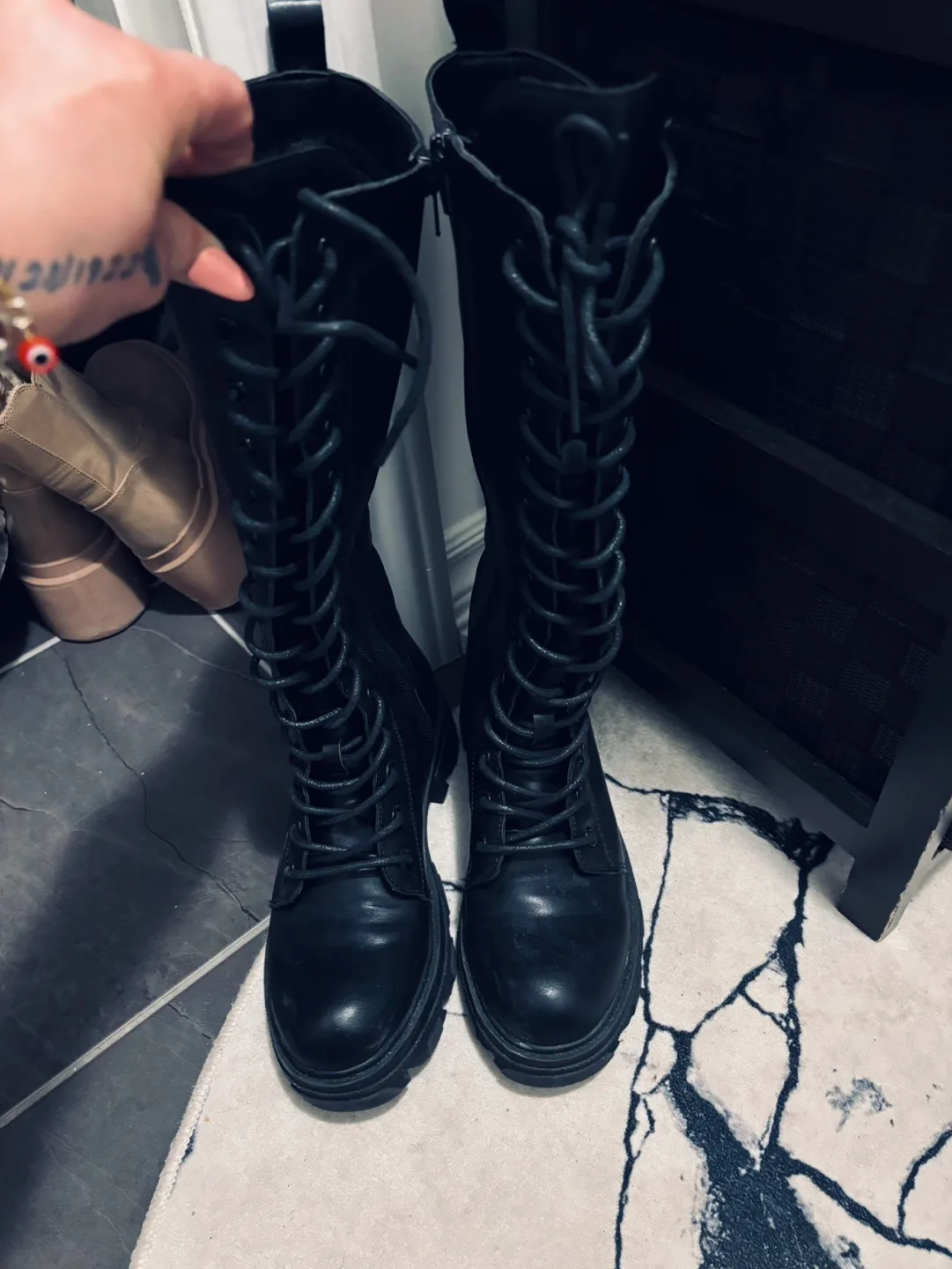 Black Lace-Up Boots & White Bar Stool & Pet Feeder image indicator(2)