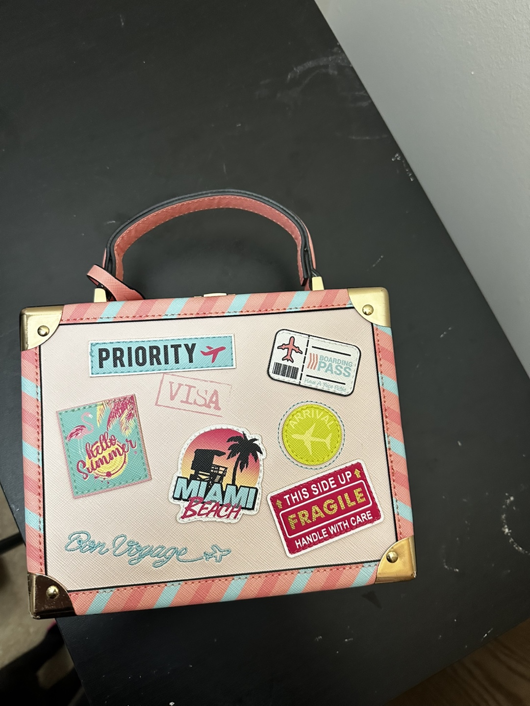 Pink Suitcase-Style Handbag with Removable Strap