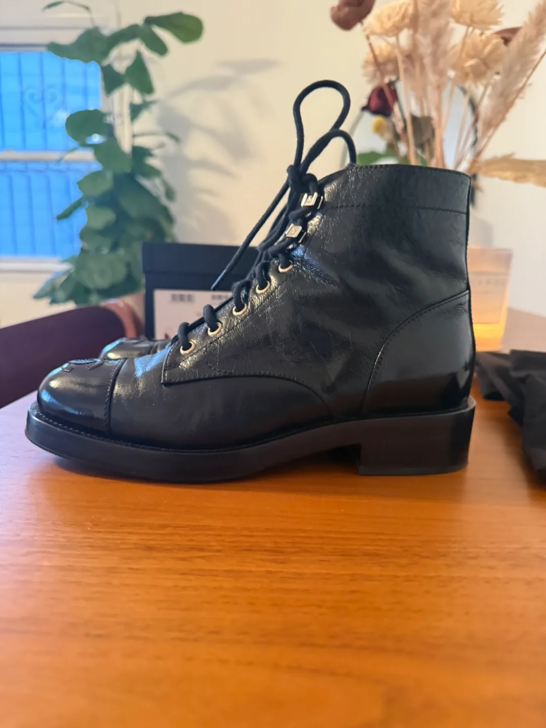 Chanel Black Leather Lace-Up Boots Size 37 image indicator(4)