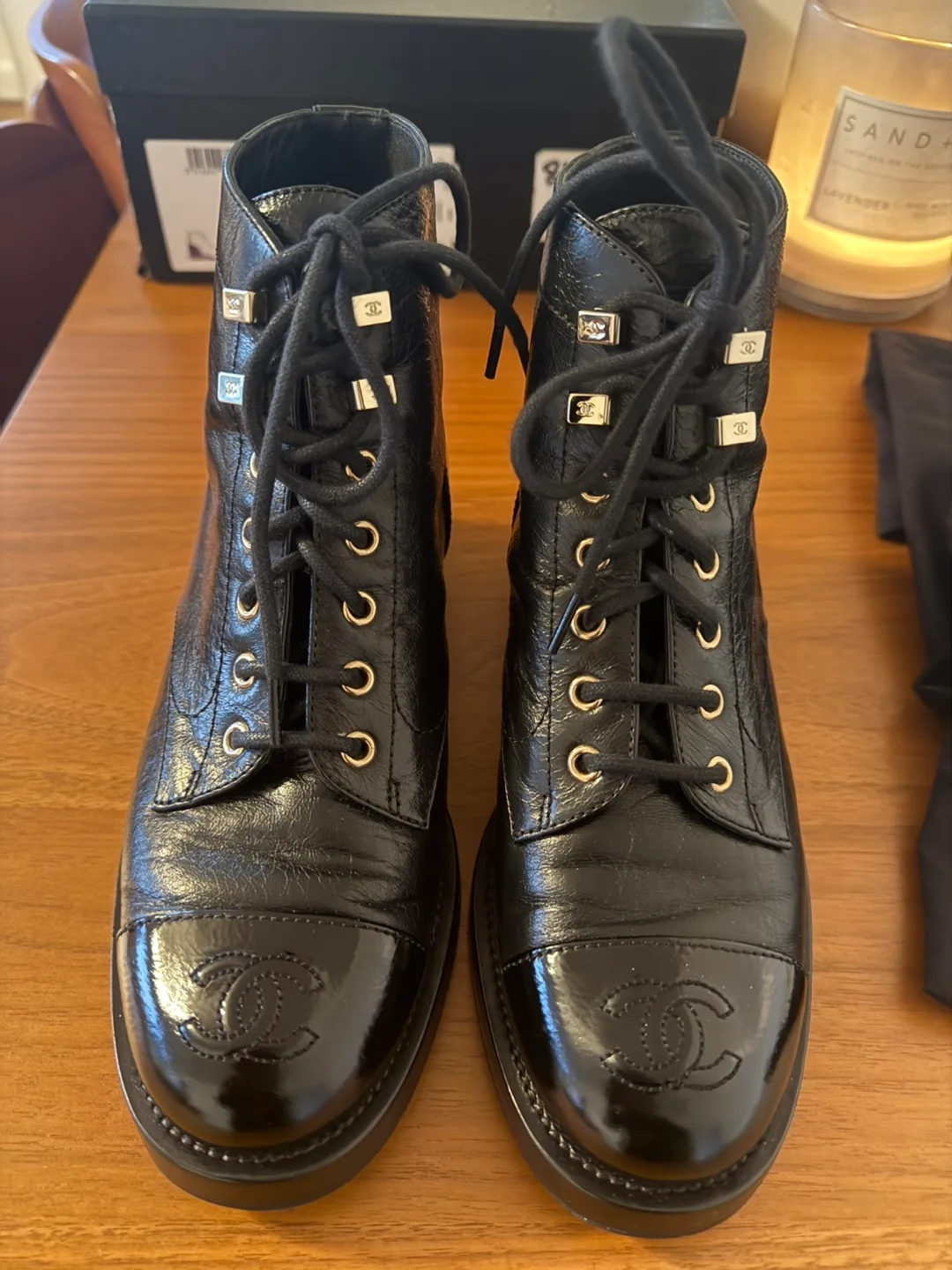 Chanel Black Leather Lace-Up Boots Size 37 image indicator(7)