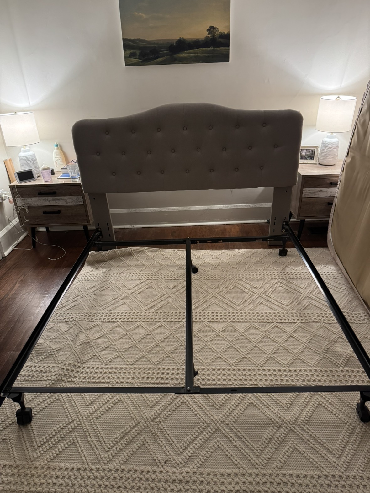 Queen Fabric headboard and queen bed frame