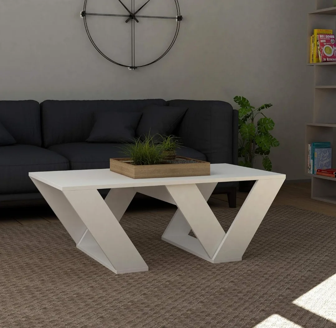 Modern White Coffee Table with Unique V-Shaped Legs image indicator(2)