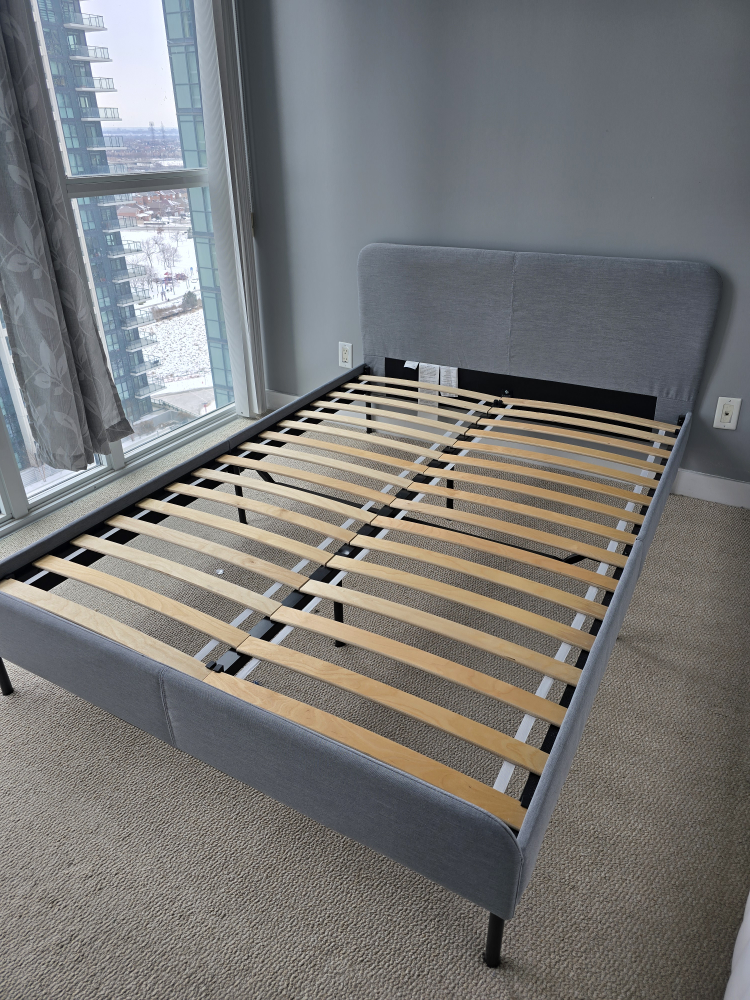 Full Size Grey Fabric Bed Frame with Slatted Base