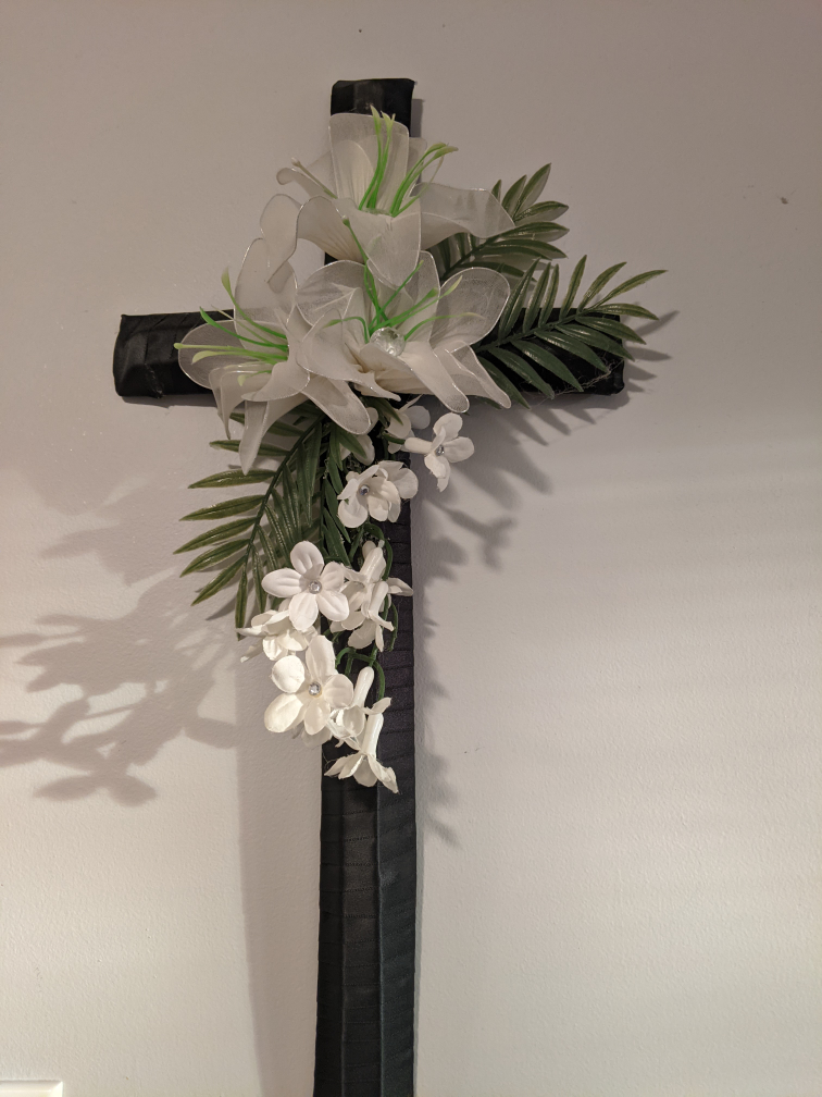 Black Fabric Cross with White lilies and flowers