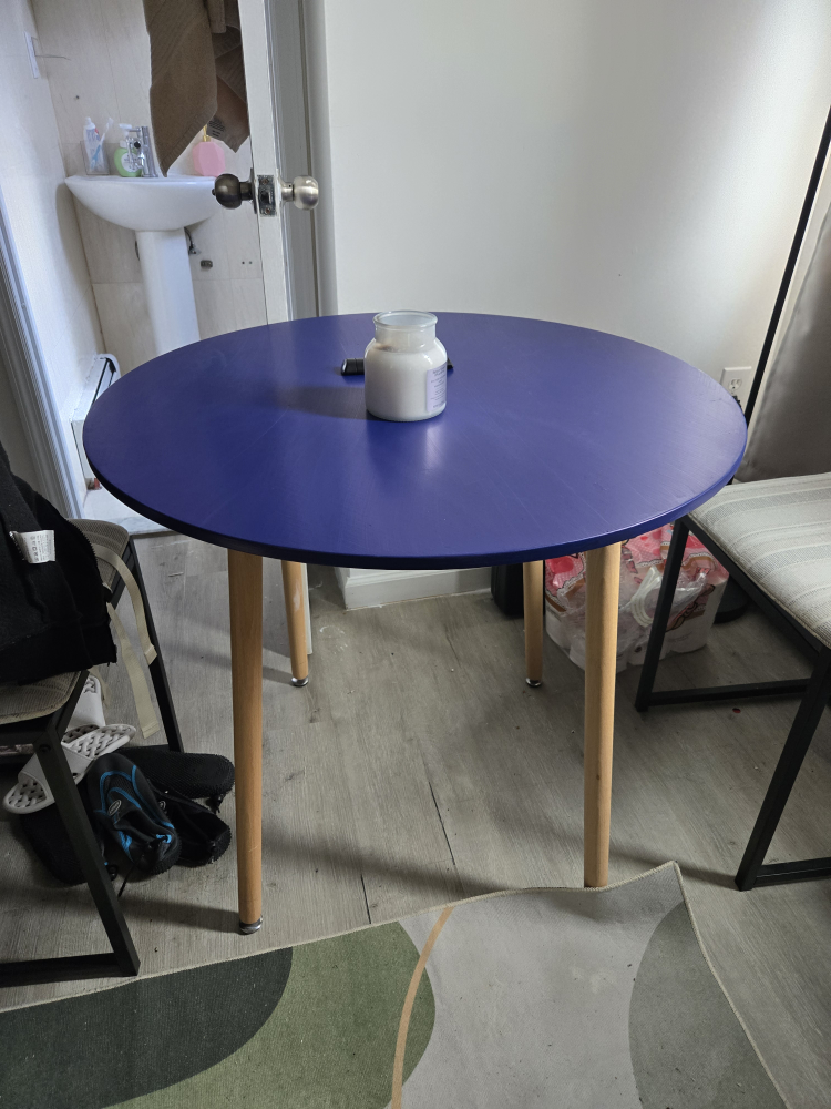 Round Blue Dining Table with Wooden Legs - photo 2