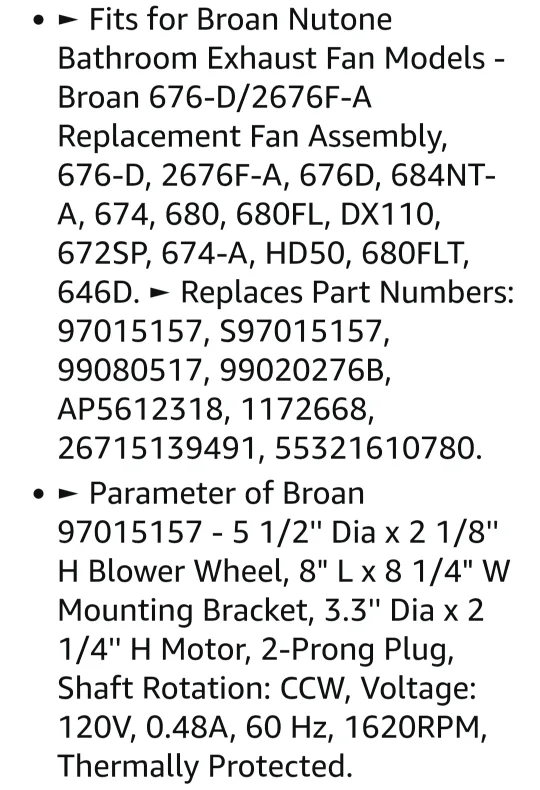 S97015157 BLOWER MOTOR ASSY. for BROAN-NUTONE Bathroom Fans image indicator(8)