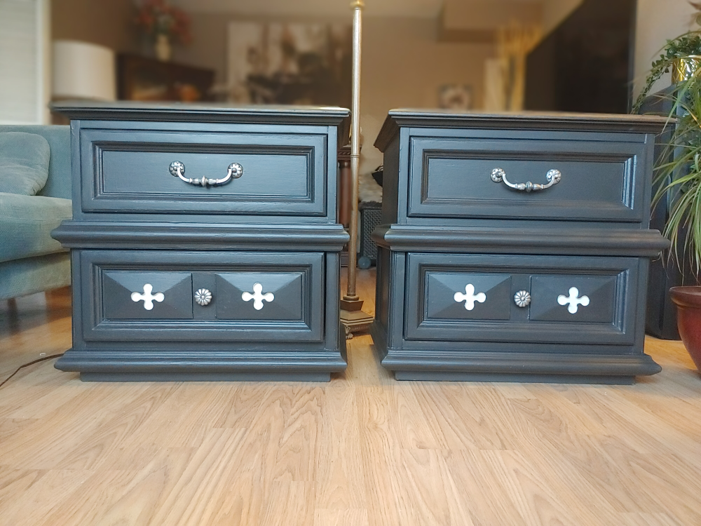 Pair of Vintage Espresso Nightstands with Floral Drawer Liners - photo 2